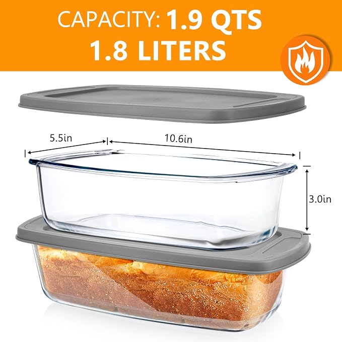Jambear Glass Loaf Pans for Baking Bread with Lids 2 Set - 1.9 Qt Glass Loaf Pan | Oven, Dishwasher, Fridge, Freezer & Microwave Safe, Bread Pan Suit for Lasagna, Meatloaf, Banana