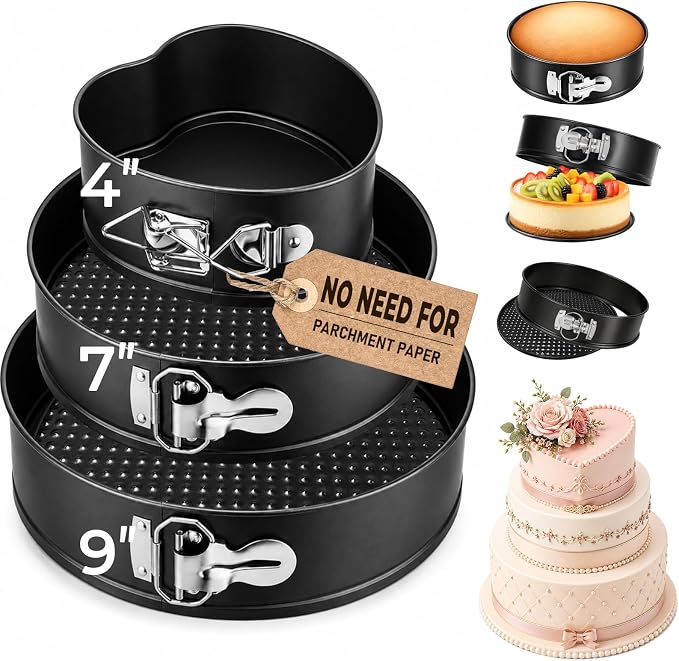 COOLMI Springform Pan Set of 3, 4 Inch Heart & 7/9 Inch Round Cheesecake Pans, Nonstick Cake Pans with Removable Bottom, Leak-Resistant Carbon Steel Bakeware for Baking, Cake Release Knife Included