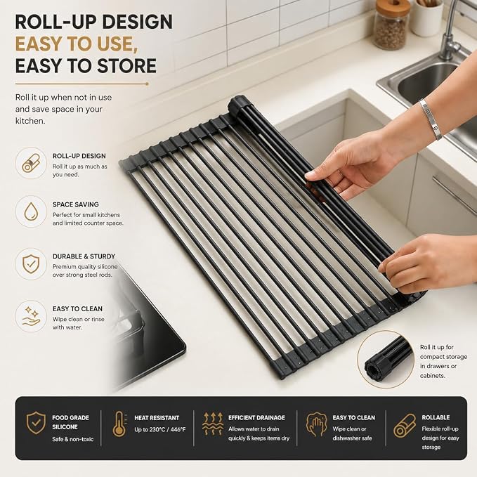 Roll Up Dish Drying Rack for Kitchen Sink, Silicone Wrapped Dish Drainer,Flodable Over Sink Drying Rack,Heat Resistant, Drain Mats, Space Saving, Multipurpose (Matte Black, Large)