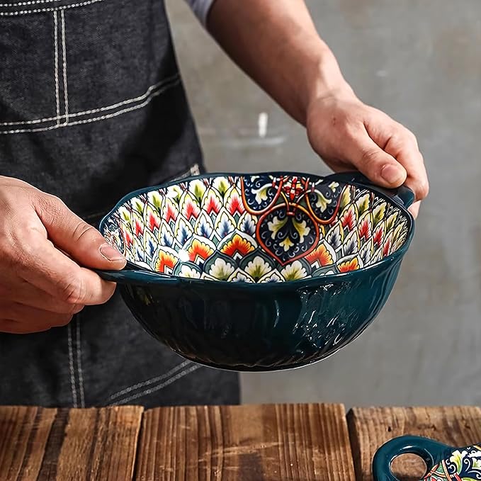 2 Pack Boho Ceramic Serving Bowls with Handles, 40 Oz Porcelain Salad Bowls, Large Serving Dishes for Entertaining, Mixing Bowls for Soup, Stew, Pasta, Cereal, Colorful Embossed Cute Bowls Set BLDS