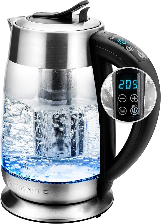 OVENTE 1.8L Glass Electric Kettle with Tea Infuser, Silver KG661S | 1500W Fast Boiling, Easy Fill Lid, 6 Temperature Control, Keep Warm, Digital Display, BPA-Free, Auto Shut-Off, 360° Base