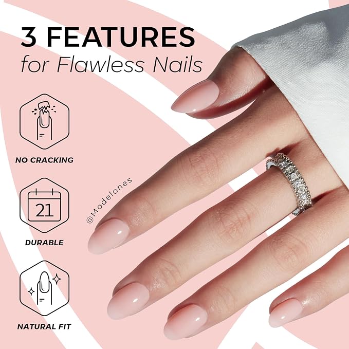 modelones Nude Pink Short Press on Nails, Oval Fake Nails Kit | Semi-Transparent Press Ons with Nail Glue, Adhesive Tabs, Nail File, Prep Pad, Manicure Stick, 32Pcs 16 Sizes, Women Gift