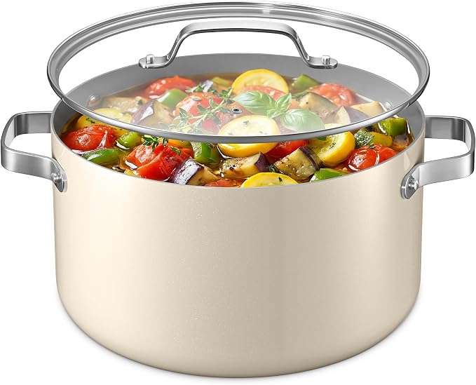 Bakken 12.5 Quart Ceramic Coated Stock Pot with Lid, Easy Clean Nonstick Pot, Tempered Glass Lid, Riveted Stainless Steel Handles, Oven Safe Up To 500°F, PTFE & PFAS Free, All Stove Compatible, Cream