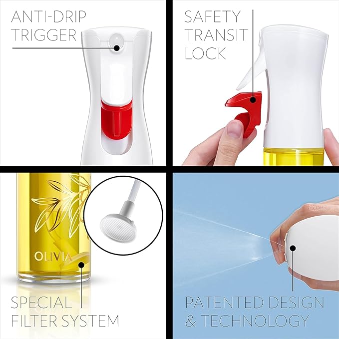 FLAIROSOL OLIVIA SIGNATURE Oil Sprayer, 130ml Glass, Golden Leaves | Portion control mist for air fryer, salad, BBQ, refillable & reusable, fine mist olive oil kitchen sprayer, anti-drip