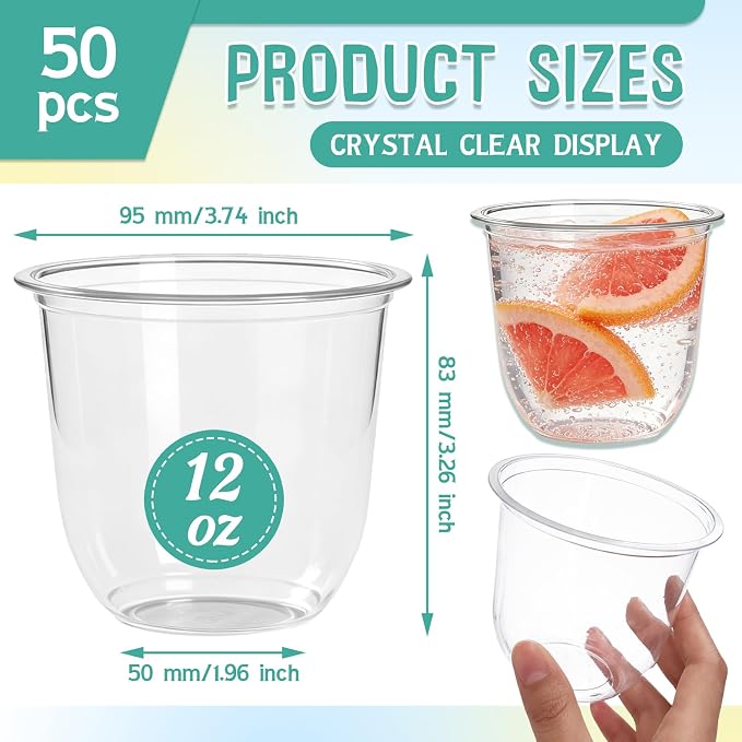 Alaeseje 50 Pcs Disposable Stemless Wine Glasses,12 oz Cocktail Cups | Round Bottom Clear Plastic Party Cups for Meeting Weddings Birthday Party Supplies