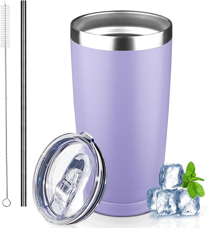 20 oz Tumbler with Lids and Straws, Stainless Steel Insulated Coffee Tumbler, Double Wall Vacuum Insulated Travel Mug Cup, Leakproof Thermal Coffee Cup for Hot and Cold Drinks (light purple)
