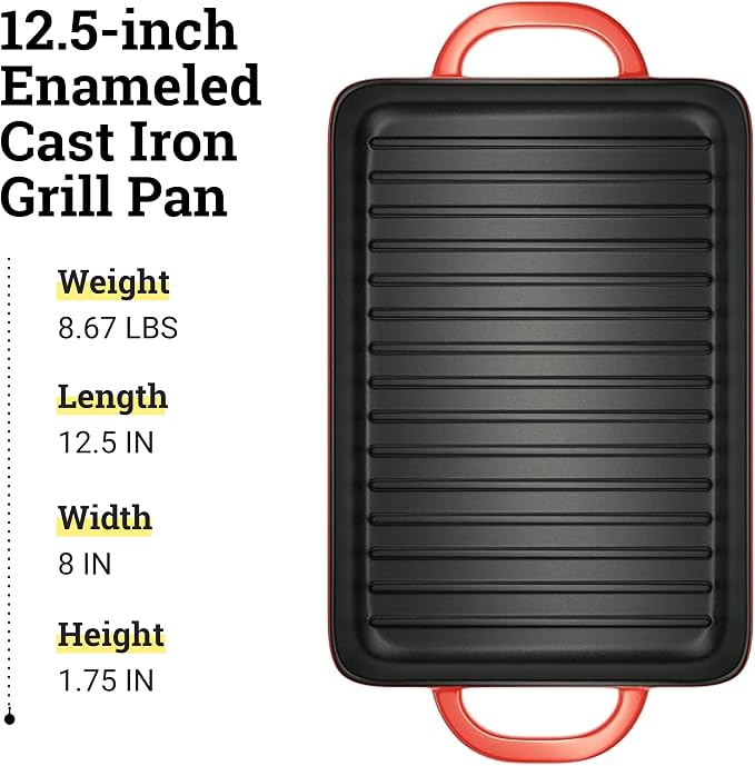 Lodge 12.5 x 8 Inch Enamel Cast Iron Grill Pan - Dual Assist Handles - Use in the Oven, on the Stove, on the Grill, or Over a Campfire - Red