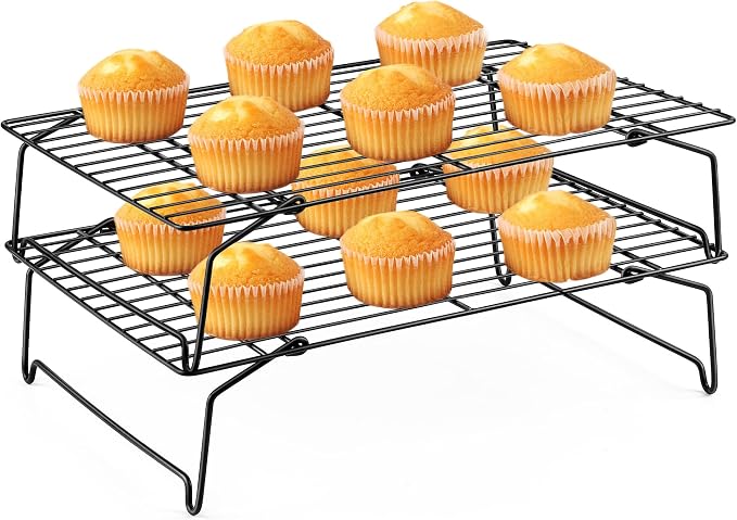 Leonyo Cooling Rack, 2 Tier Stainless Steel Stackable Baking Cooking Racks for Cooling Roasting Grilling, Collapsible & Heavy Duty, Oven Safe & Easy Clean, 15" x 10", Black
