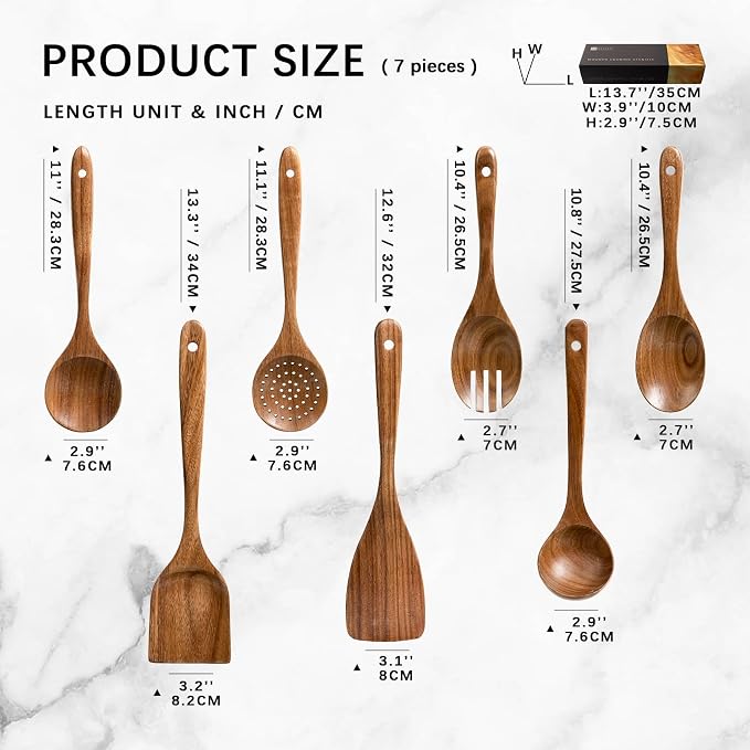 Wooden Spoons for Cooking, 7-Piece Acacia Wood Cooking Utensil Set | Spoons and spatulas stir, mix, flip and serve; balanced handles offer control while staying gentle on nonstick cookware.