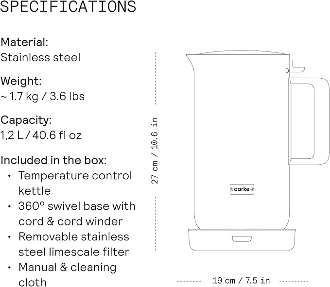 Aarke Kettle - Electric Stainless Steel Tea Kettle 1.2L (40oz), Steel | Temperature Control, Non-Drip Spout, Double-Wall Construction, Dry Boil Protection, Heat-Safe Handle, LED Cool-Down Indicator