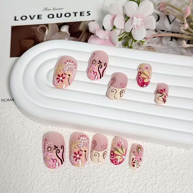 24Pcs French Tip Press on Nails Medium Almond Floral Fake Nails Colorful Flower & Dot Design False Nails Reusable Glossy Glue on Nails for Women Spring Summer Nail Decoration