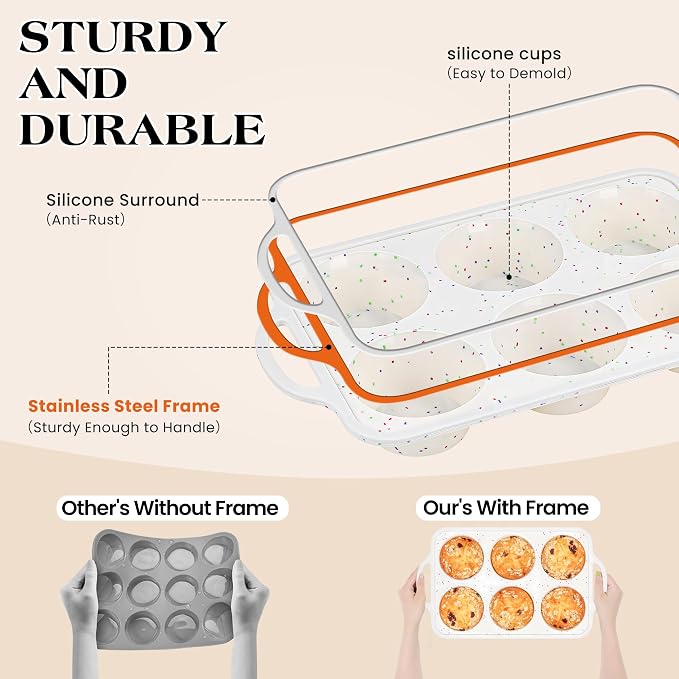 2 Pcs Jumbo Muffin Pan with Metal Frame Nonstick 6 Cup Extra Large Silicone Cupcake Pan for Baking, Deep Jumbo Muffin Tray for Egg Bites Muffins, Confetti Color Cream Gifts for Mom Home Baker