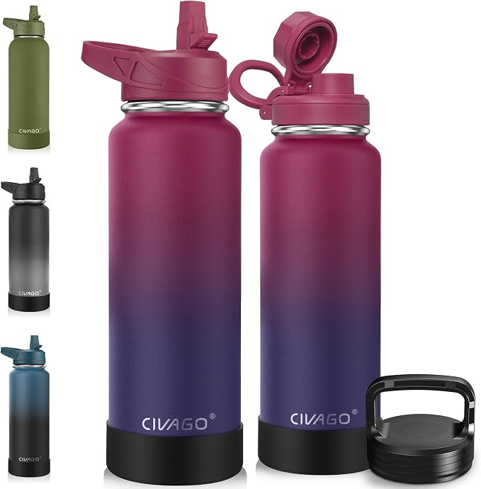 CIVAGO 40 oz Insulated Stainless Steel Water Bottle With Straw and 3 Lids | Large Metal Sports Water Jug, Leakproof Reusable Wide Mouth Thermal Flask Cup with Silicone Boot, BPA-Free, Dark Rainbow