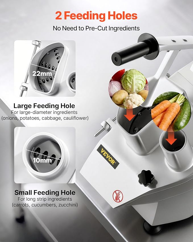 VEVOR Commercial Food Processor 550W Electric Vegetable Slicer 6 Blades | 2 Feeding Holes, 1600 RPM Stainless Steel Vegetable Processor, Interchangeable Blade, 3mm/4mm/7mm Shred and 2mm/4mm Slice
