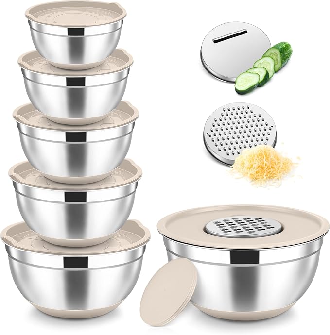 TeamFar Mixing Bowls, Stainless Steel Salad Bowl with Lid & Graters -Khaki | 6 PCS for Kitchen Baking Serving Prepping, Container for Dough Veggie Fruit, Non-Slip & Nesting, 4.6 /3.5 /2 /1.5 /1 /0.7 QT