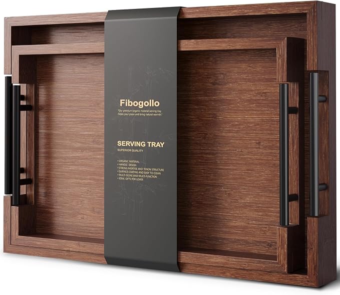 Fibogollo Set of 2 Bamboo Serving Trays with Metal Handles(Brown) | Ottoman Decorative Trays Platter for Coffee Table,Living Room,Bar,Party,Holiday Hosting and Outdoor Entertaining