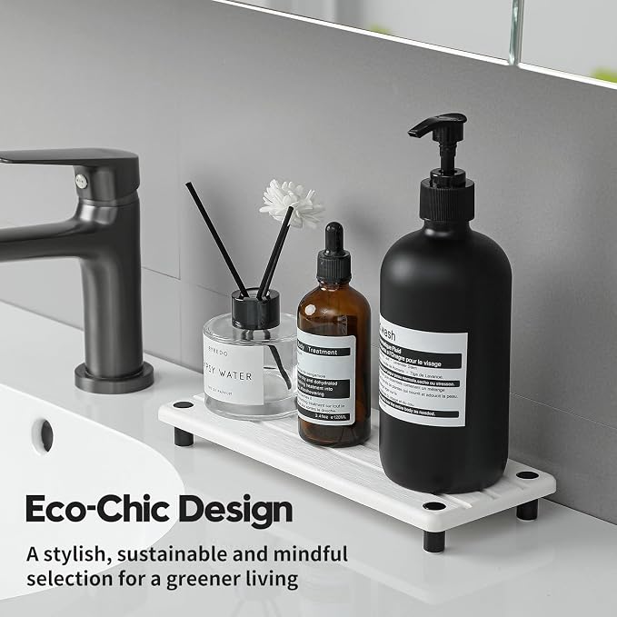 Instant Dry Sink Caddy Kitchen Sink Organizer, Quick Drying Diatomaceous Earth Stone Sink Tray Sponge Holder Soap Dish, Bathroom Countertop Vanity Dispenser Toothbrush Bottle, White, 10" x 4"
