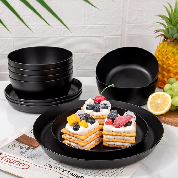 EjonirInjonir 12pcs Black Plates and Bowls Sets for 4 Unbreakable Outdoor | Reusable Stackable Black Plastic Plates and Bowls Sets for Outdoor Catering, RV Camping, College Dorms & Special Parties