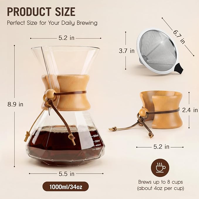 Pour Over Coffee Maker 34oz (1000ml), Borosilicate Glass Carafe with Wooden Handle & Diamond-Shaped Body, Double Layer Stainless Steel Filter, Drip Coffee Brewer for Home Camping Hiking