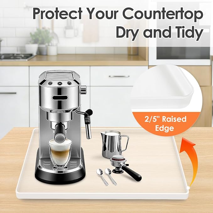 Silicone Coffee Maker Mat with Lip for Countertops 18.9''x11.8''Translucent | Multi leak-proof coffee tray for countertop, non-slip silicone mat fits most coffee makers & espresso machines, wipe-clean