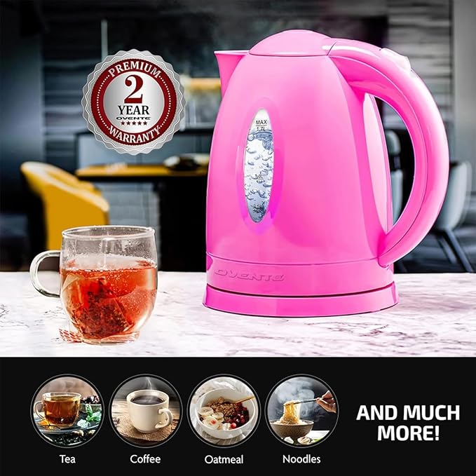 OVENTE Electric Kettle,1.7L Fast Boiling Water Heater for Coffee or Tea,BPA Free with Water Level Gauge,Auto Shut-Off,Boil-Dry Protection,Indicator Light and Removable Filter,Pink KP72P,(Pack of 12)