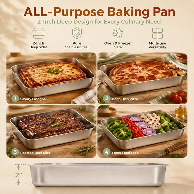 E-far 2 Pack Stainless Steel Baking Pans, 12⅓ x 9¾ x 2 Inch for Cake | Rectangular Deep Sheet Cake Pans for Lasagna Brownies Casseroles, Non-toxic & Healthy, Heavy Duty & Dishwasher Safe