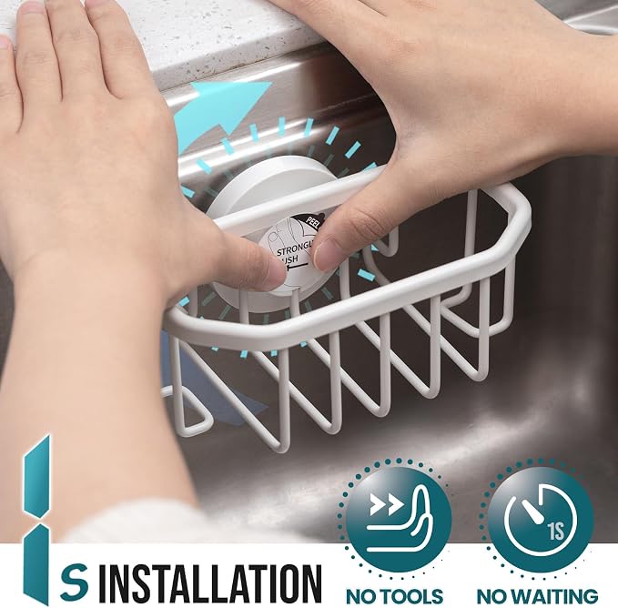 TAILI Sponge Holder for Kitchen Sink with Suction Cup-White, Aluminum | Rustproof Aluminum Sink Caddy for Sponges,Brushes,Stoppers & Scrapers,Removable Ventilated Quick-dry Design, holds Up 11lbs