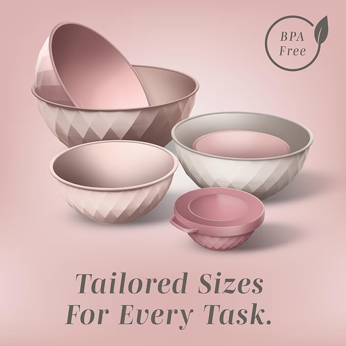 COOK WITH COLOR Mixing Bowls with Lids - 12 Piece Plastic Nesting Bowls Set includes 6 Prep Bowls and 6 Lids, Microwave Safe Mixing Bowl Set, Pink Diamond