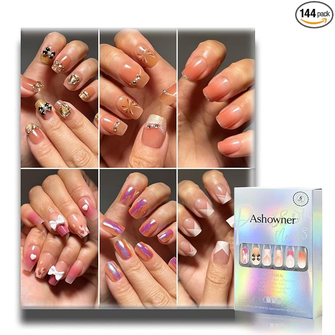 6 Packs (144 Pcs) | Reusable Press on Nails | cute nails | 6-Style Bundle | 12 Sizes | Each Style 24 Pcs | Black Gold Bow Heart