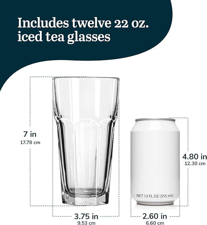 Libbey Gibraltar DuraTuff Drinking Glass Drinking Cup Set, Iconic Heavy Base Bar Glassware Thick Drinking Glasses Set of 12, 22-Ounce Iced Tea Glasses