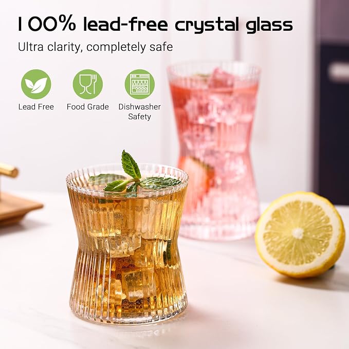 JOVGANK Drinking Glasses Set of 8 – Lead-Free Crystal Glassware, 4 Tall 10oz & 4 Short 8.5oz Vintage Ribbed Tumbler Glasses, Dishwasher Safe, for Juice Beer Cocktails, Great Housewarming Gift, Set B