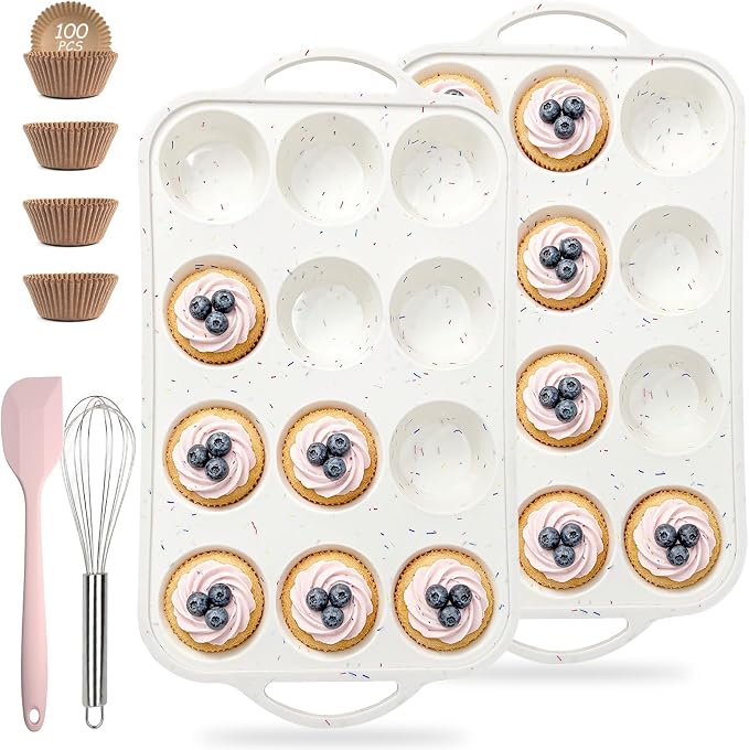 2 Pack Silicone Muffin Pans, 12 Cup Cupcake Pan with Metal Reinforced Frame | 3 Baking Tools Included, Nonstick Molds for Homemade Muffins, Cupcakes, Egg Bites, Oven & Dishwasher Safe