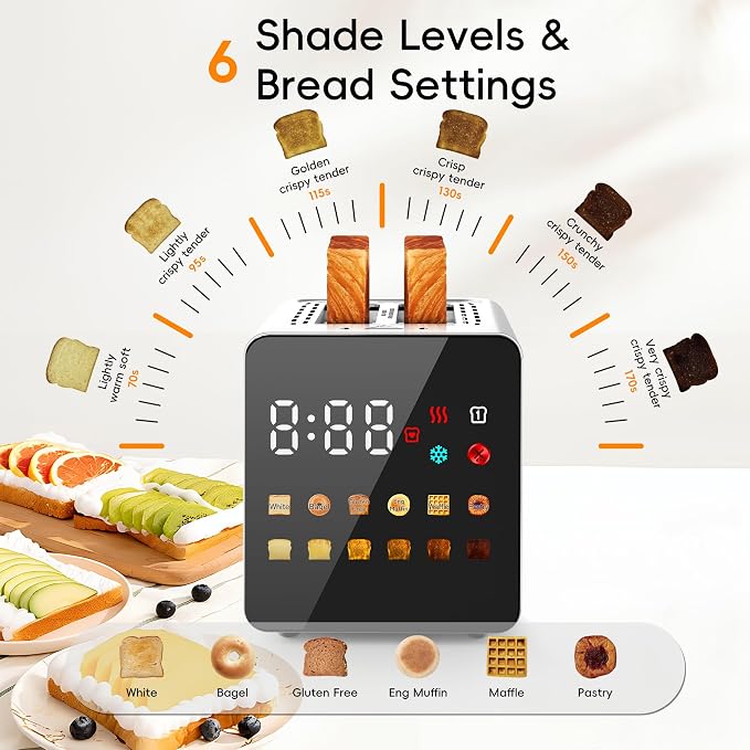 WUNLY Smart Touchscreen 2 Slice Toaster, Wide Slot, Memory & Single-Slot | Digital Timer, Extra Wide Slot for Bagels, 6 Shade Levels & 6 Bread Settings, Reheat, Defrost, Favorite,Platinum