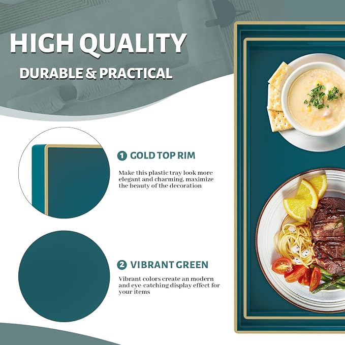 Green Serving Tray with Handles, Plastic Decorative Tray Set of 2 | Decorative Tray for Coffee Table, Modern Ottoman Tray, Rectangle Melamine Tray for Living Room, 15.8"L x 10.2"W x 1.4"H