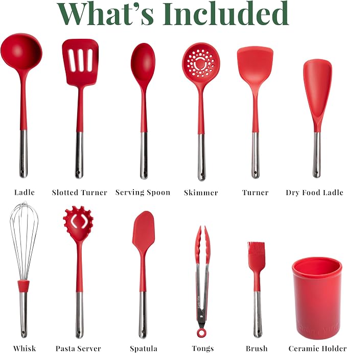 Larder & Vine 12-Piece Silicone Kitchen Cooking Utensils Set with Stainless Steel Handle and Ceramic Holder, Dishwasher Safe Set of Kitchen Essentials (Cabernet)