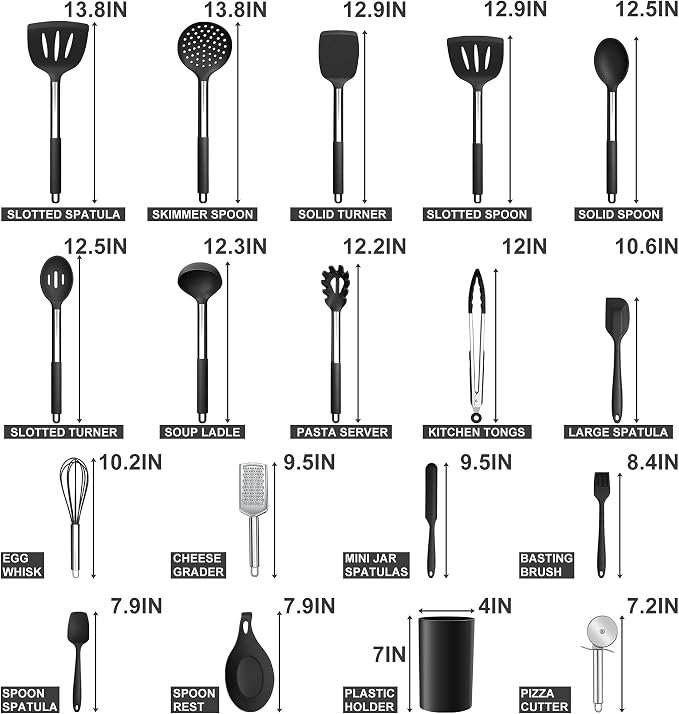 E-far Silicone Cooking Utensils Set, 30-Piece Black Kitchen Utensils Set | Heat Resistant Nonstick Cookware, Kitchen Tools Spatulas with Stainless Steel Handle, Spatulas Turner Tong Spoon Whisk Ladle