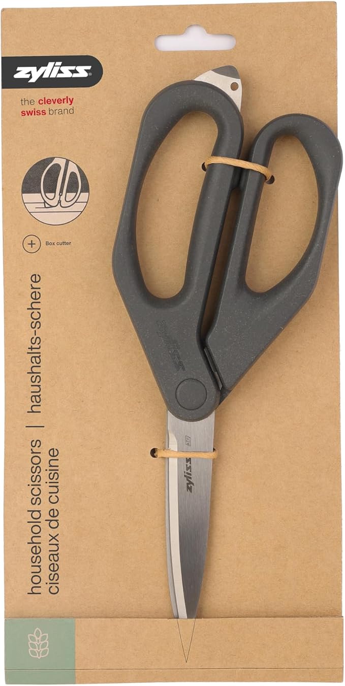 Zyliss Household Scissors – Multi-Purpose Stainless Steel Kitchen & Home Shears with Built-in Box Cutter – Wheat Straw Handle, Dishwasher Safe, Everyday Cutting Tool, 5-Year Guarantee