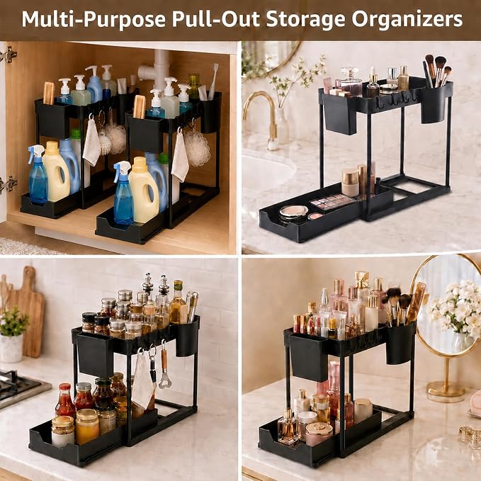 Under Sink Organizer for Bathroom/Kitchen, Large Capacity with Hooks & Cups | Multi-purpose, 2 Tier Pull Out, 4 Hooks & 2 Cups, Size:15.6 x 8.5 x 14.8in, Rust Resistant, Sturdy & Durable