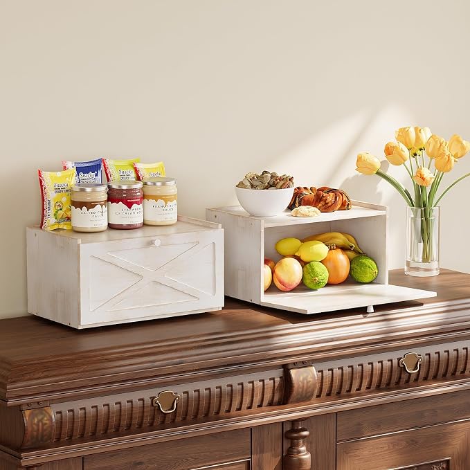 Trironsun Bamboo Bread Box for Kitchen Counter Farmhouse Bread Storage Container Large Capacity Bread Storage Bin Bread Holder (Antique White)