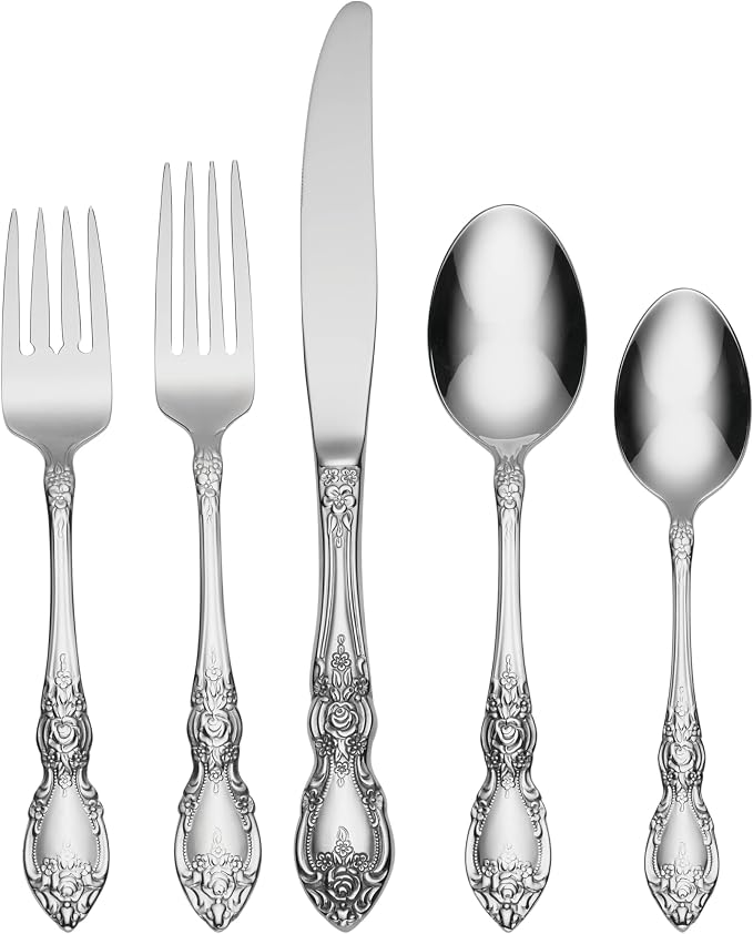 Oneida Wordsworth 45-Piece 18/0 Silverware Set for 8, Flatware | mirror finish, dishwasher safe | includes serving spoons and utensil set | cutlery set, wedding silverware