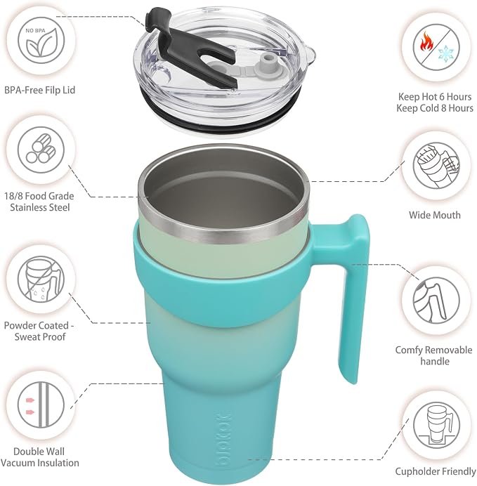BJPKPK 40 oz Tumbler with Handle & Straw, Insulated Stainless Steel Mug | Double Wall Vacuum, Keeps Hot/Cold, Thermal Cup, BPA Free, Dishwasher Safe, Cupholder Fit, Coffee & Travel, Mint