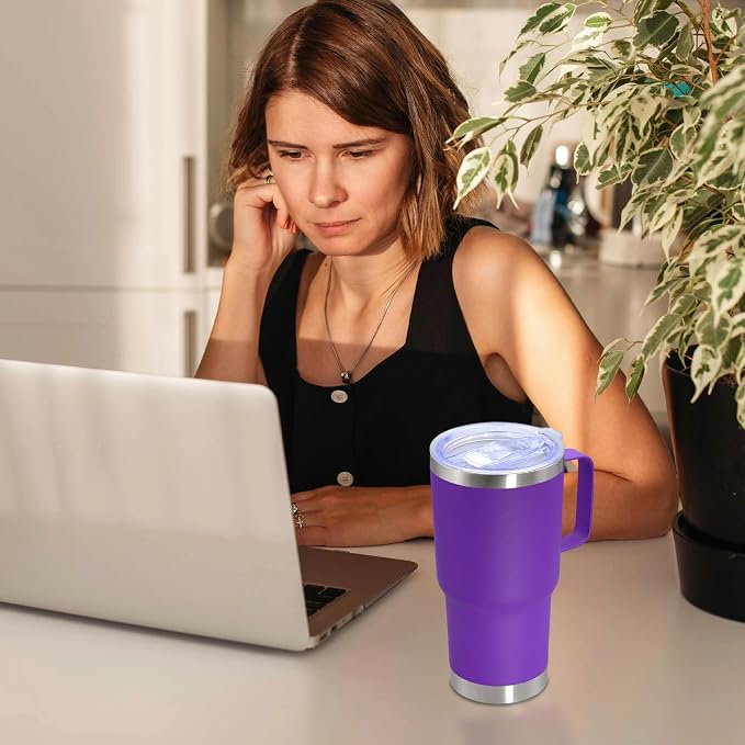 20 oz Tumbler with Handle Coffee Tumblers with Lid Travel Mug Purple 6P | 20oz Tumblers with Handle Double-Wall Insulated Vacuum Coffee Mugs Stainless Steel Tumbler with Handles&Lid Purple 6P