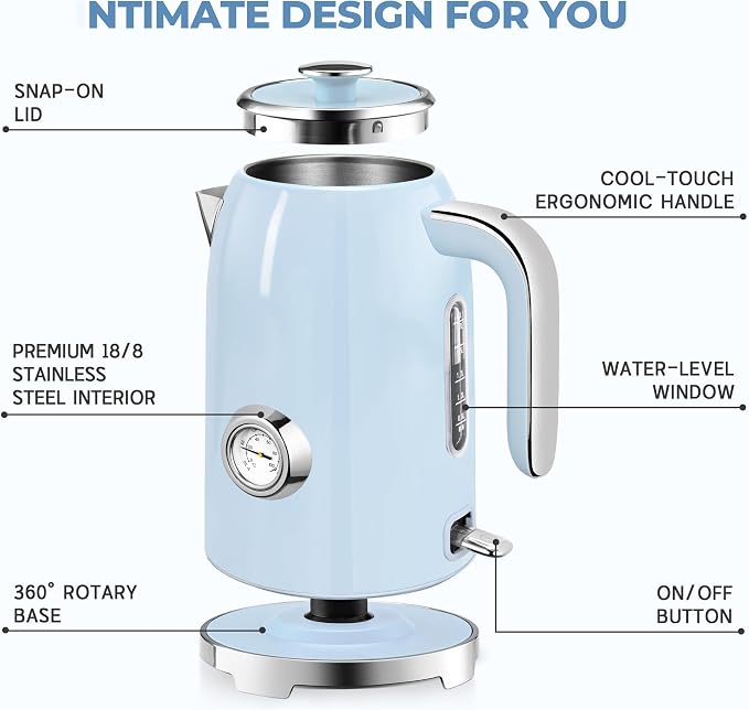 SUSTEAS 57oz Electric Kettle with Thermometer, Hot Water Pot, Blue | Electric Tea Kettle for Boiling Water, 1500W Stainless Steel Pot, Cordless LED Indicator, Auto Shut-Off & Boil Dry Protection