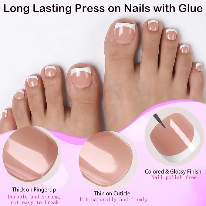 240pc White French Tip Press on Toenails Short Square False Toenail, Coffee Fake Toe Nail Kit with Glue, 12 Sizes Acrylic Glue on Nails Toes Square French Tip Press-on Toe Nails for Women Girls