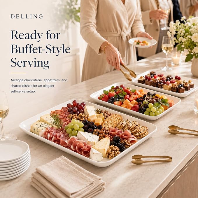 DELLING Serving Platter Set 18/16/14 Inch, Large White Porcelain Serving Trays for Entertaining, Rectangular Platters for Turkey Fruit Appetizer Party Wedding, Microwave Oven Dishwasher Safe, 3-Pack