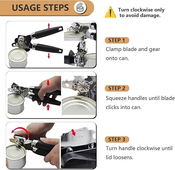 Can Opener Manual Heavy Duty | Hand Held, for Seniors with Oversized Turn Knob, Soft Grip Sharp Blade, Solid Steel Hand Manual, for Kitchen & Camping