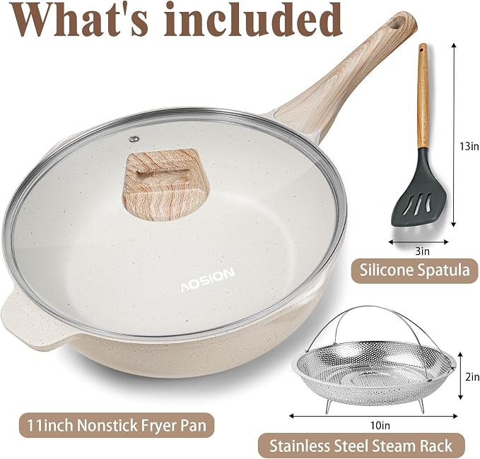 AOSION 11 Inch Nonstick Ceramic Deep Frying Pan with Lid & Steam Rack, 5QT Sauté Pan, Large Ceramic Skillet,Stay Cool Handle, Induction Compatible, PFOA & PFAS Free,white.