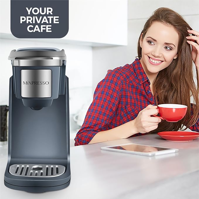 Mixpresso Single Serve Coffee Maker K Cup Coffee Maker for K Pods & Grounds | Compact 800W Gray Coffee Machine with 12 Oz Water Tank, Fast Brew & Auto Shut-Off, Small Design for Travel, Office, RV & Dorm