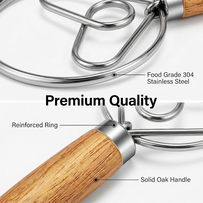 TEEVEA Danish Dough Whisk Wooden Handle Stainless Steel for Sourdough Bread | Dutch Dough Hook, Replaces Hand Mixer and Spoon, Bread Baking Tool, Food Grade Rust Resistant Steel, Non-Stick, Easy to Clean