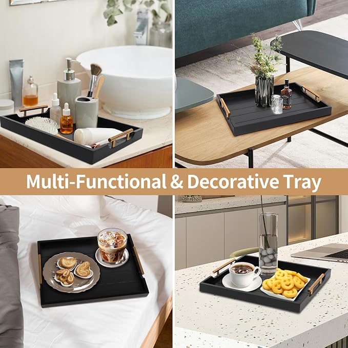 SXNOWS Wood Serving Tray with 2 Sets of Handles,Black | Rectangle 16.5x13 Inch Ottoman Decorative Tray Platter for Coffee Table Living Room Bar Home Decor, 4 Coasters Included